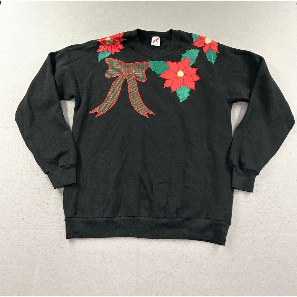 Vintage Jerzees Black Christmas Poinsettia Applique Plaid Bow Holiday Crewneck